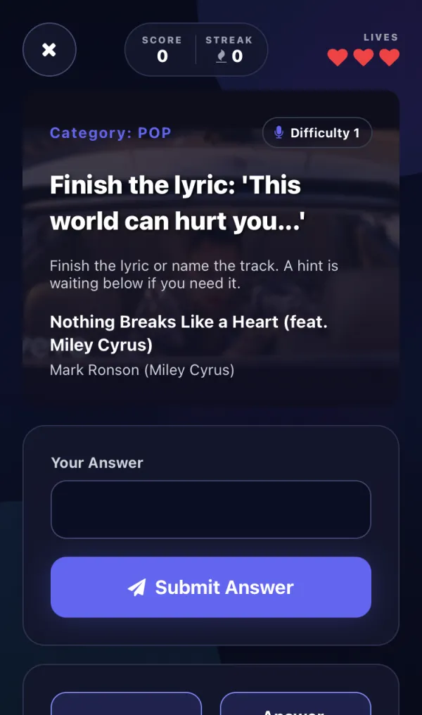 A solo question asking the player to finish a lyric, with score, streak, and three lives shown